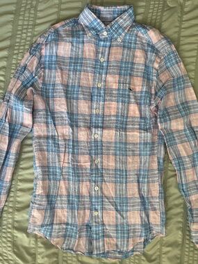 Vineyard Vines Boys Linen Button Down Shirt XS Blue Pink Plaid Classic Fit Tucke